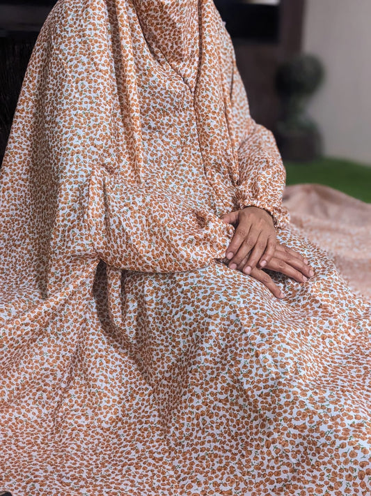 NAMAZ CHADDAR WITH SLEEVES N NIQAB - Orange Flowers LARGE