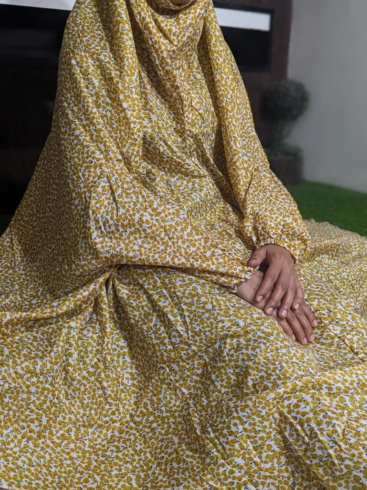 NAMAZ CHADDAR WITH SLEEVES N NIQAB - SOFT IN MUSTURD FLOWERS LARGE